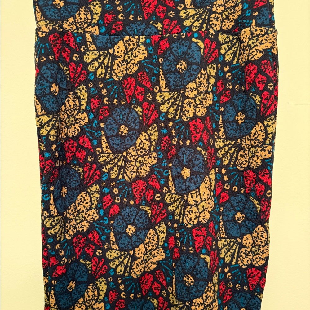 LuLaRoe Black Floral Pencil Skirt with Blue, Red & Mustard Accents